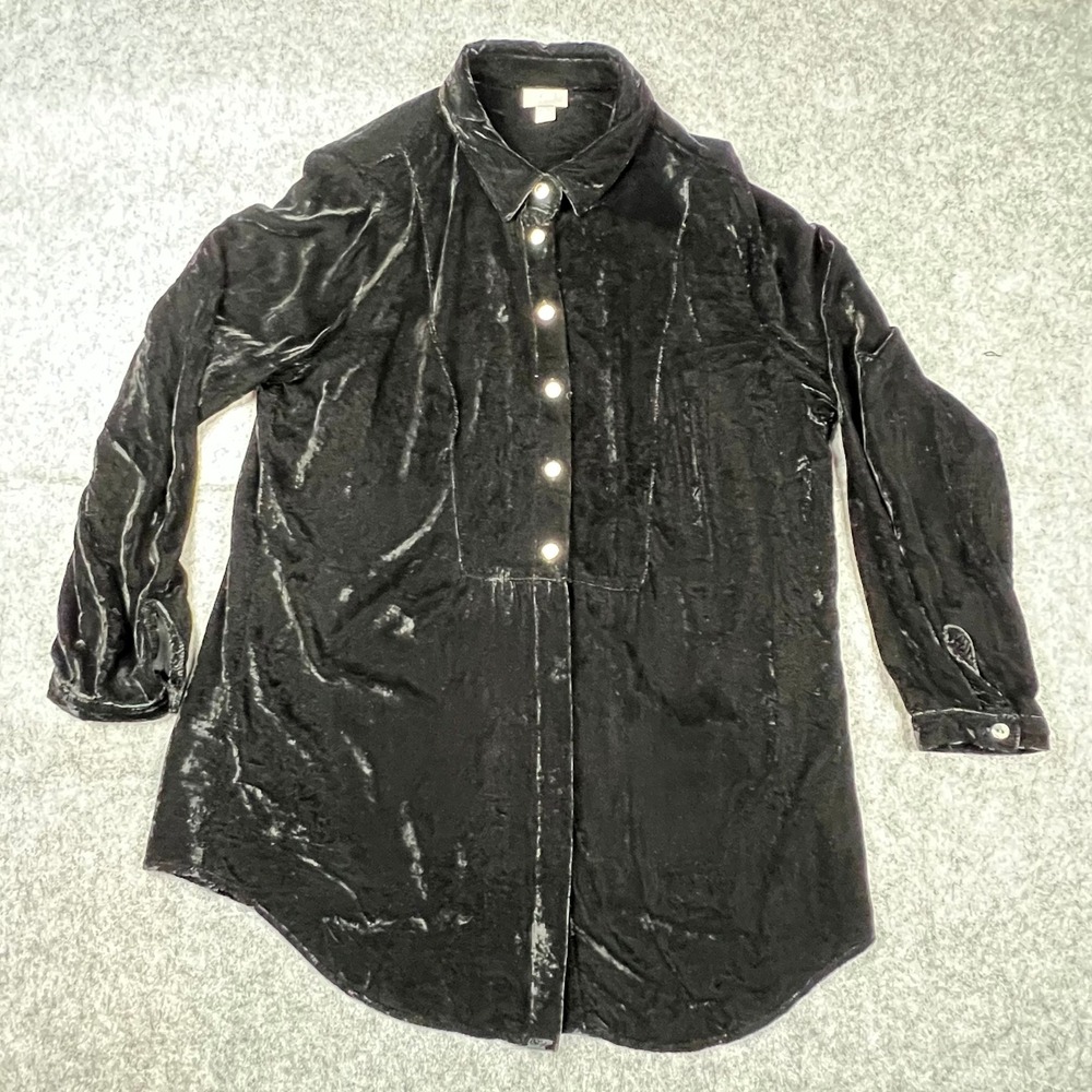 J. Jill Black Velvet Tunic Top Long Sleeve Button Front Petite Medium Womens